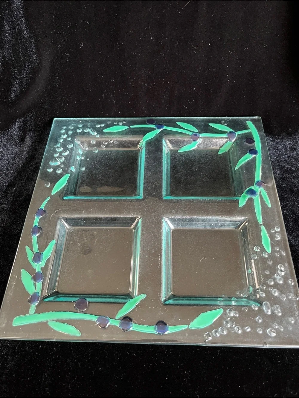Fused Glass Olive Vine Bubble Divided Serving Platter Dish